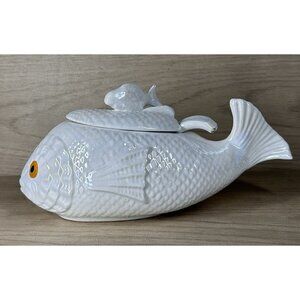 Iridescent Indivdual Fish Tureen Lid Spoon 9" Vintage Serving Bowl
